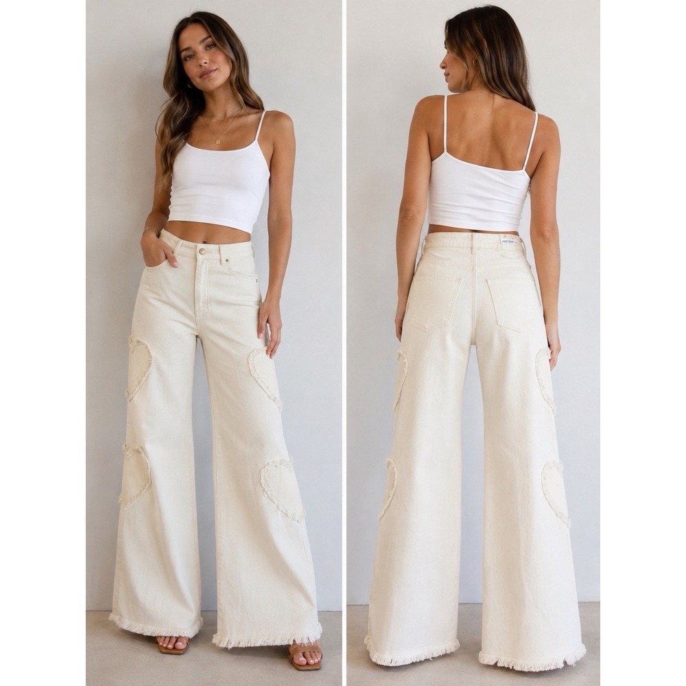 Free Spirit Heart One Wide Leg Jeans Women's 6 Ivory Distressed Frayed Hem Flare